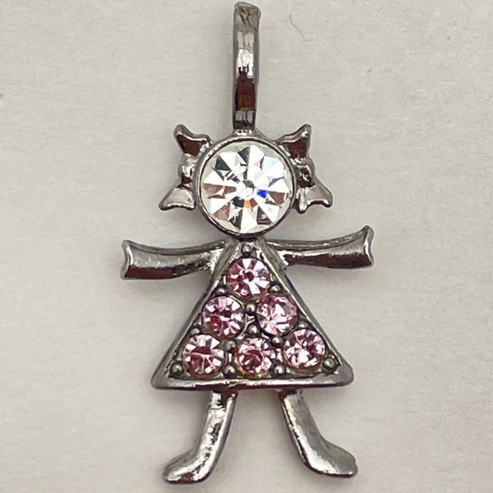 Vintage Birthstone October Charm USA K.I.S. Brats Girl Silver Tone Rose Stones